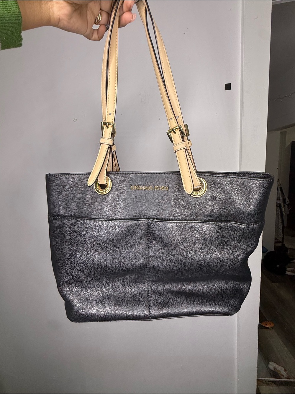 Michael Kors Black Leather Shoulder Tote with Cream Straps
